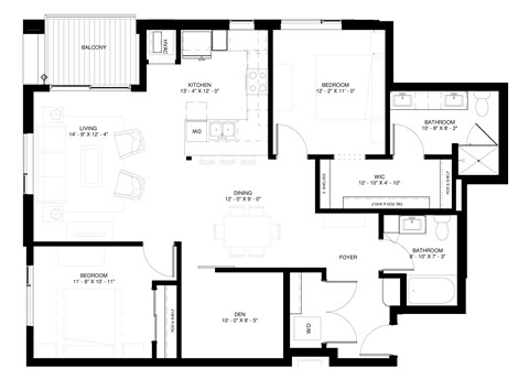 Floor plan for 2 beds, 2 baths, 1307 sqft